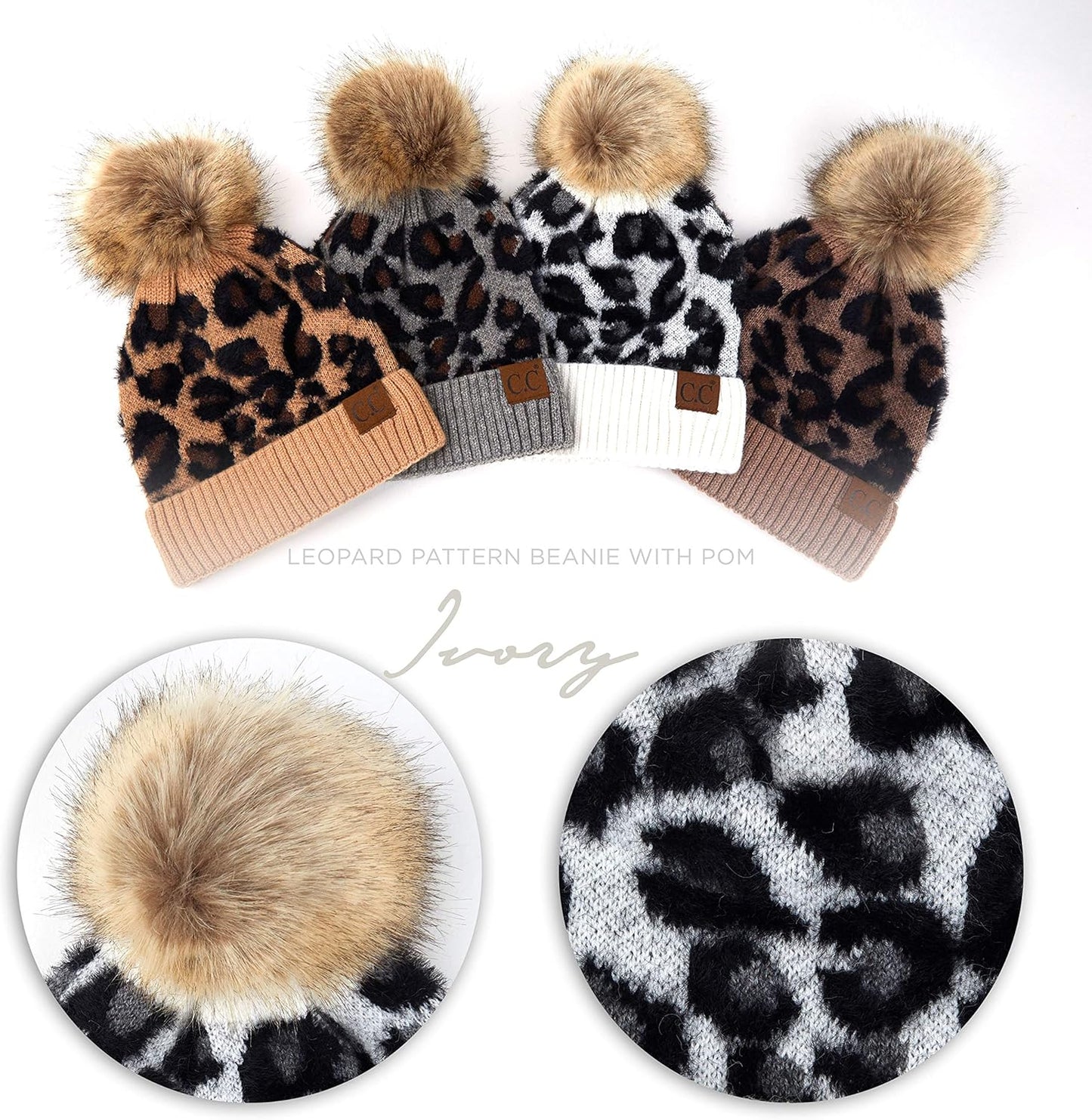Exclusives Soft Beanie Hat with Leopard Pattern and Fur Pom(Hat-7001)(Sf-7001)