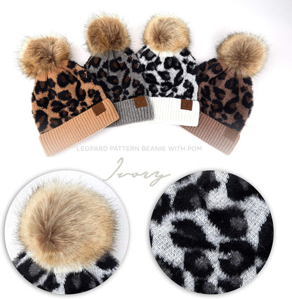 Exclusives Soft Beanie Hat with Leopard Pattern and Fur Pom(Hat-7001)(Sf-7001)