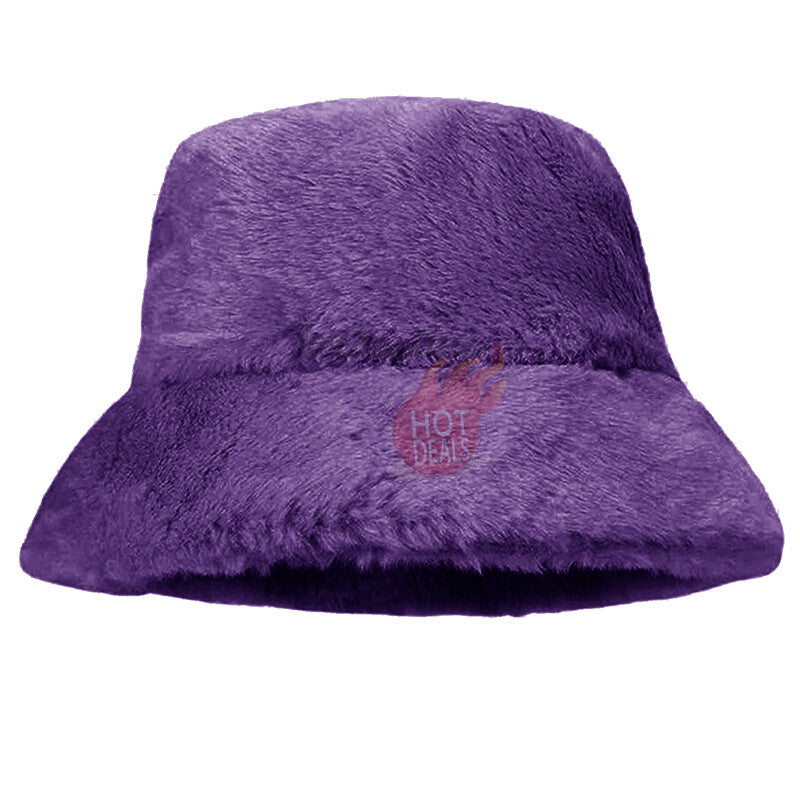 Women Winter Plush Bucket Hat Warm Solid Color Faux Fur Fisherman Cap
