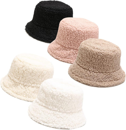 Winter Warm Plush Fuzzy Bucket Hat Faux Fur Shearling Fisherman Hats for Women