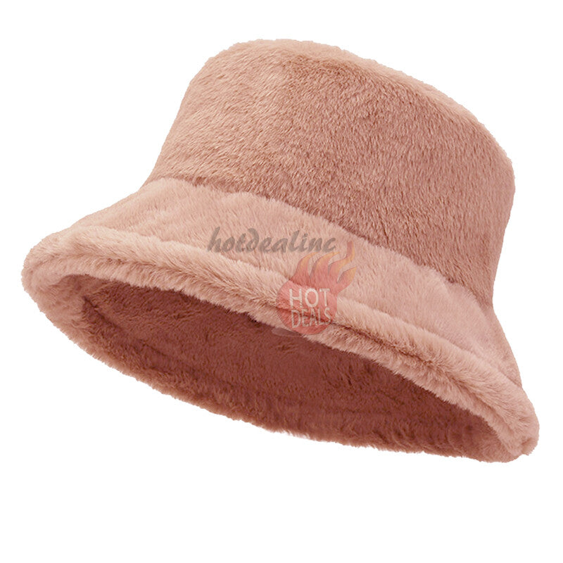 Women Winter Plush Bucket Hat Warm Solid Color Faux Fur Fisherman Cap