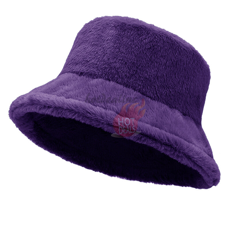 Women Winter Plush Bucket Hat Warm Solid Color Faux Fur Fisherman Cap