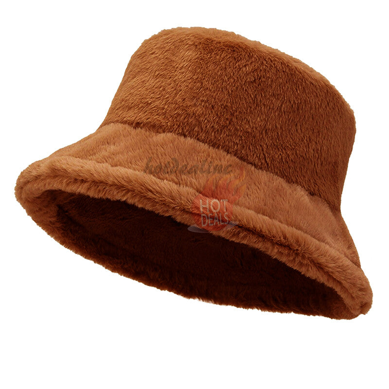 Women Winter Plush Bucket Hat Warm Solid Color Faux Fur Fisherman Cap