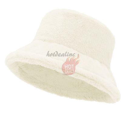 Women Winter Plush Bucket Hat Warm Solid Color Faux Fur Fisherman Cap