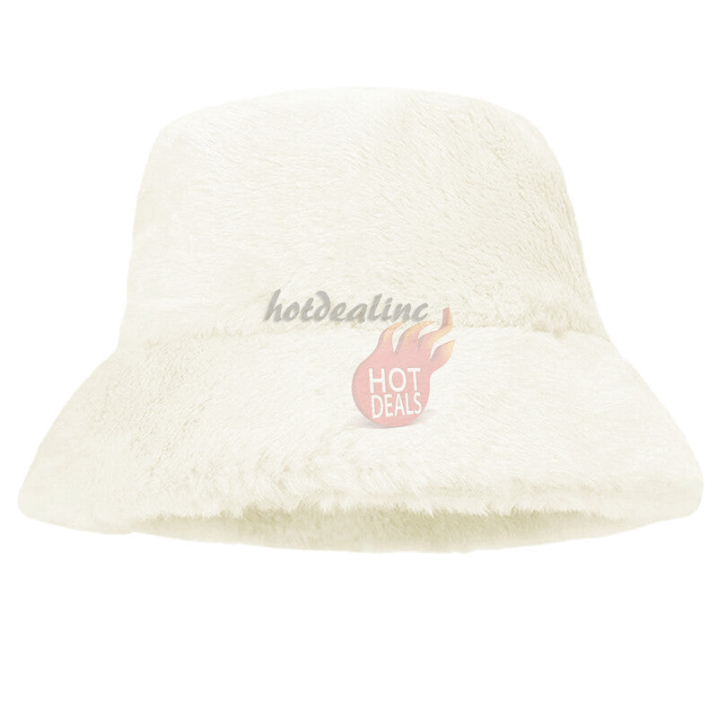 Women Winter Plush Bucket Hat Warm Solid Color Faux Fur Fisherman Cap