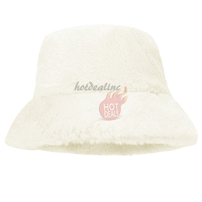 Women Winter Plush Bucket Hat Warm Solid Color Faux Fur Fisherman Cap