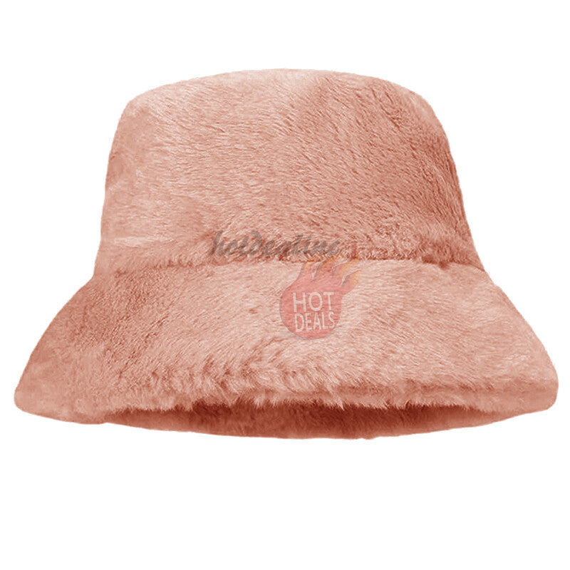 Women Winter Plush Bucket Hat Warm Solid Color Faux Fur Fisherman Cap
