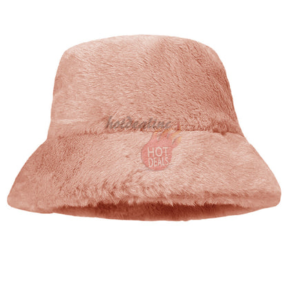 Women Winter Plush Bucket Hat Warm Solid Color Faux Fur Fisherman Cap
