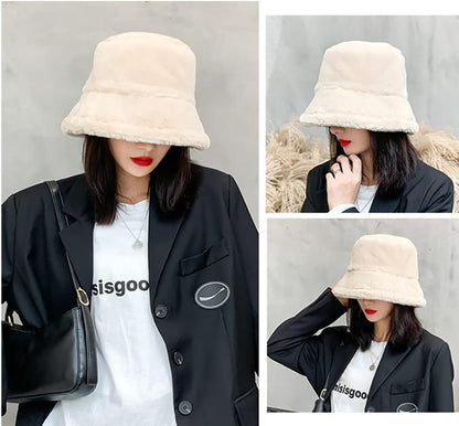Faux Fur Bucket Hat – Fluffy Fuzzy Plush Warm Winter Hat Soft Cozy for Women Men Teens