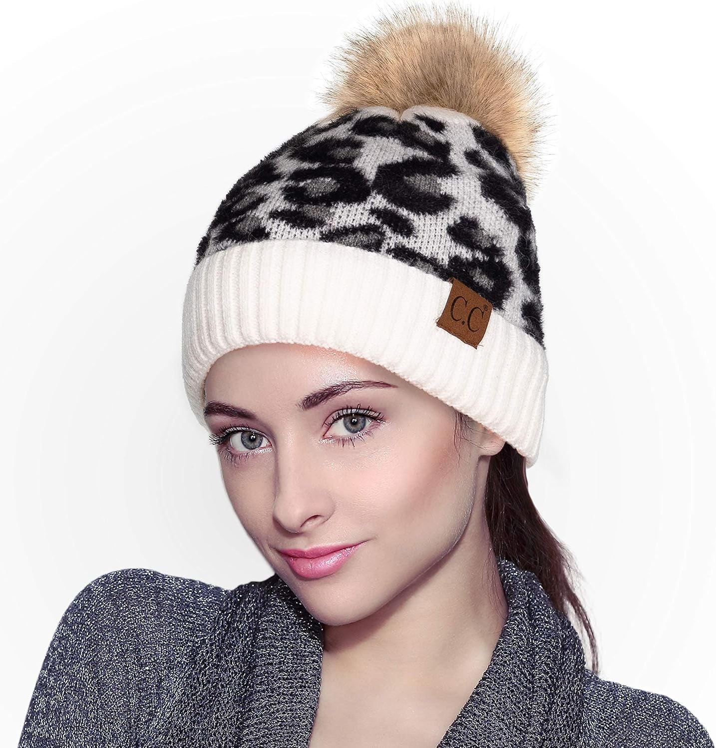 Exclusives Soft Beanie Hat with Leopard Pattern and Fur Pom(Hat-7001)(Sf-7001)