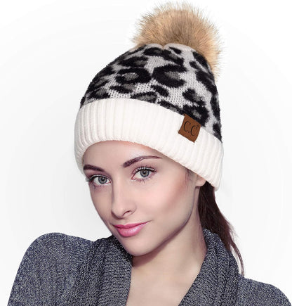 Exclusives Soft Beanie Hat with Leopard Pattern and Fur Pom(Hat-7001)(Sf-7001)