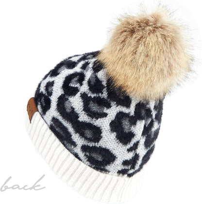 Exclusives Soft Beanie Hat with Leopard Pattern and Fur Pom(Hat-7001)(Sf-7001)