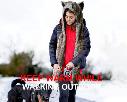 Animal Hat Faux Fur Hood Scarf Full Pockets Ear Flat Cap Hoodie Furry Gloves Party Costume (Gray Wolf)