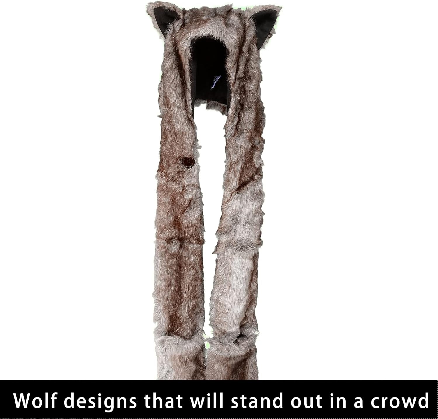 Animal Hat Faux Fur Hood Scarf Full Pockets Ear Flat Cap Hoodie Furry Gloves Party Costume (Gray Wolf)