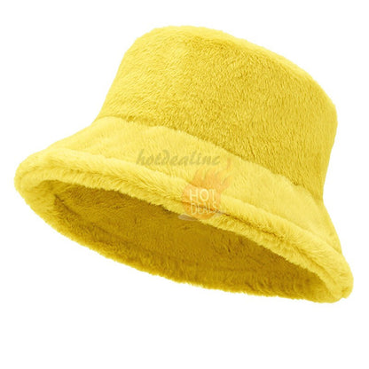 Women Winter Plush Bucket Hat Warm Solid Color Faux Fur Fisherman Cap