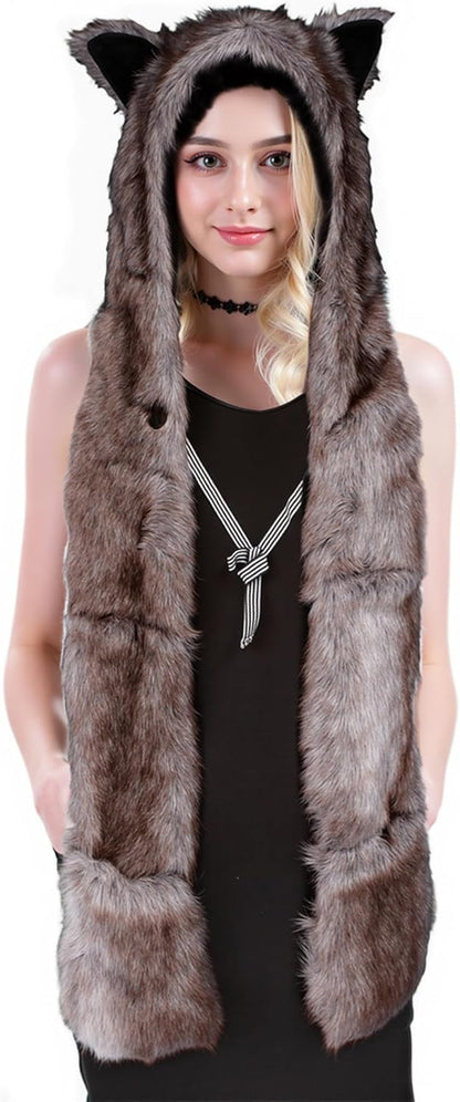 Animal Hat Faux Fur Hood Scarf Full Pockets Ear Flat Cap Hoodie Furry Gloves Party Costume (Gray Wolf)