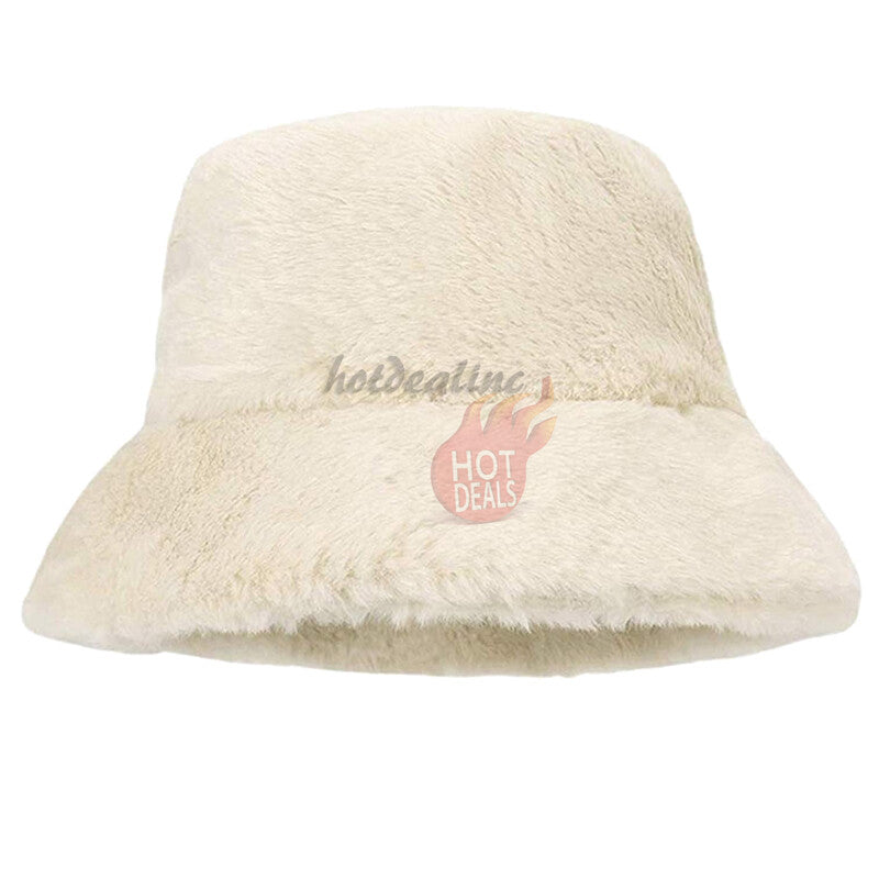 Women Winter Plush Bucket Hat Warm Solid Color Faux Fur Fisherman Cap