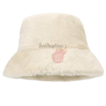 Women Winter Plush Bucket Hat Warm Solid Color Faux Fur Fisherman Cap