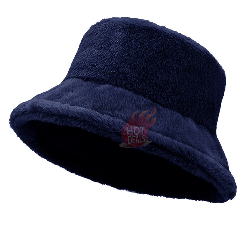 Women Winter Plush Bucket Hat Warm Solid Color Faux Fur Fisherman Cap