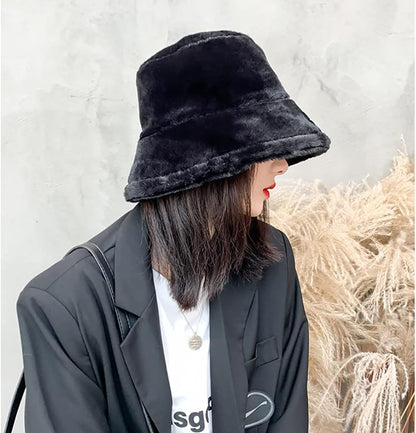 Faux Fur Bucket Hat – Fluffy Fuzzy Plush Warm Winter Hat Soft Cozy for Women Men Teens