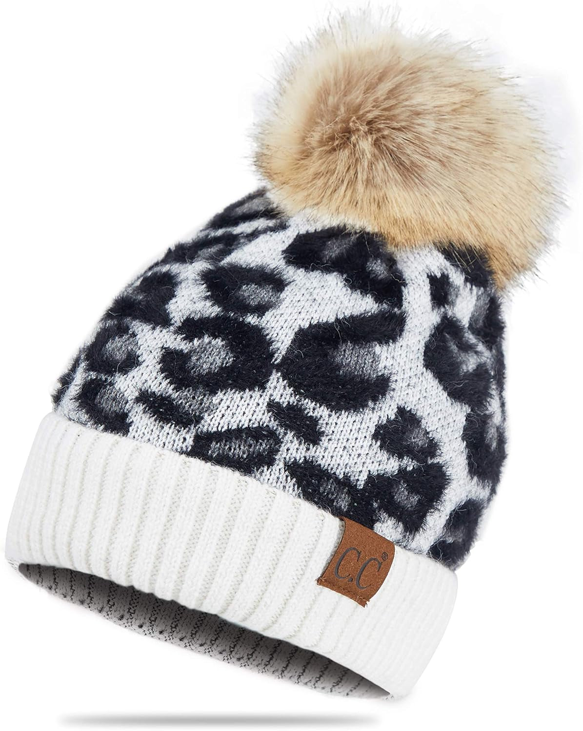 Exclusives Soft Beanie Hat with Leopard Pattern and Fur Pom(Hat-7001)(Sf-7001)