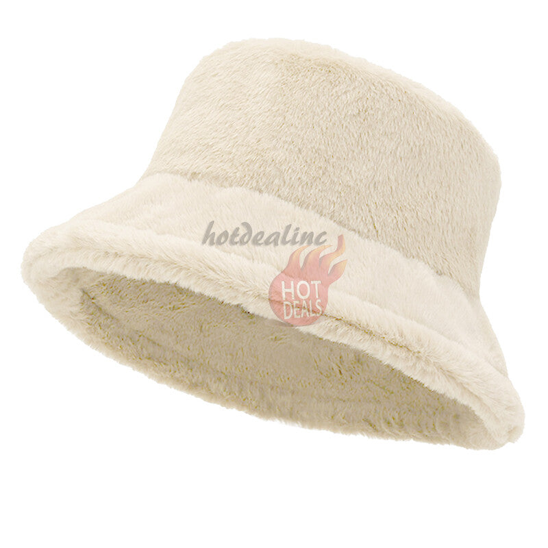 Women Winter Plush Bucket Hat Warm Solid Color Faux Fur Fisherman Cap