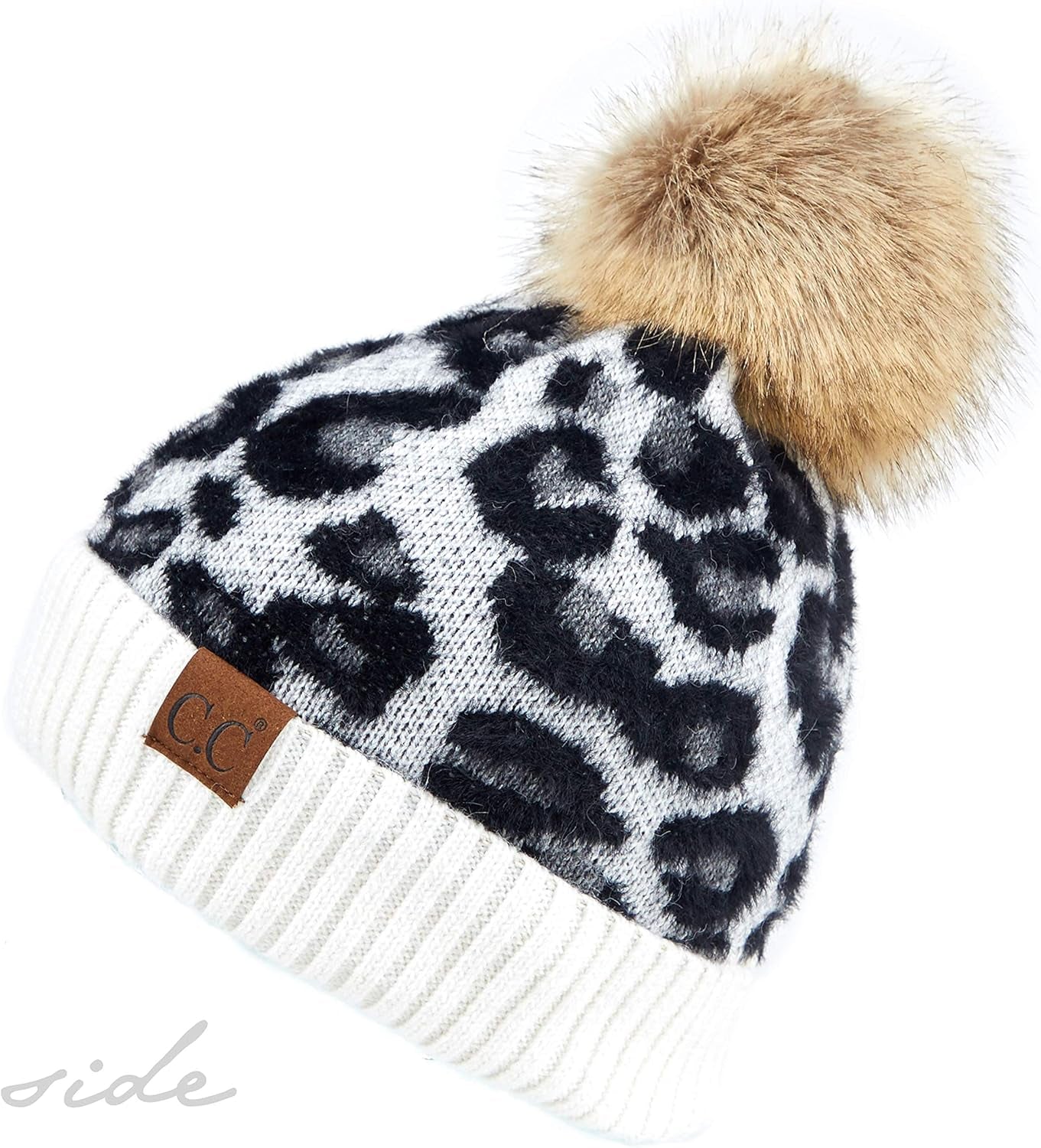 Exclusives Soft Beanie Hat with Leopard Pattern and Fur Pom(Hat-7001)(Sf-7001)