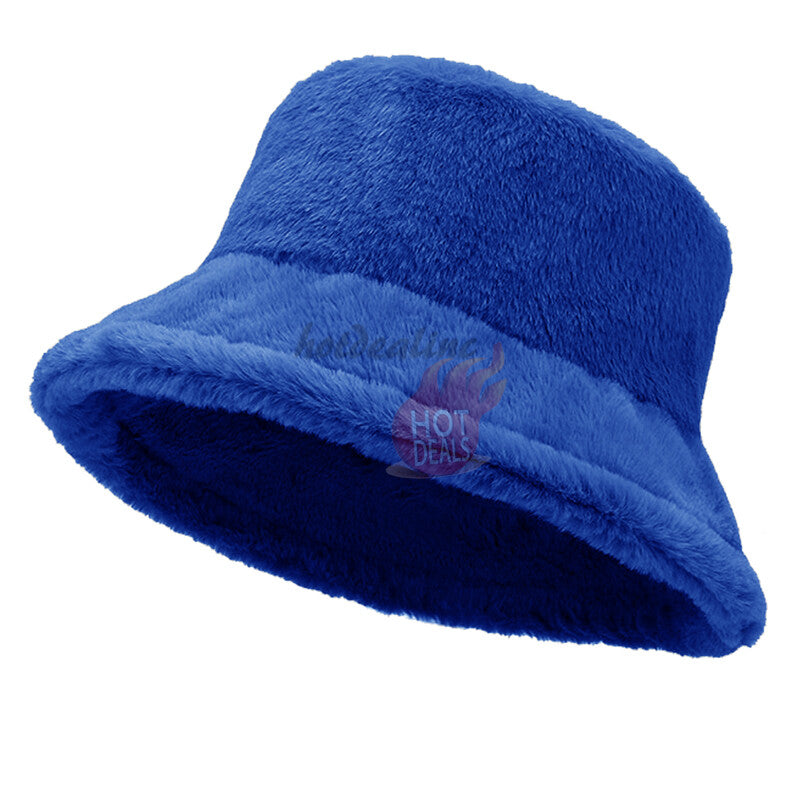 Women Winter Plush Bucket Hat Warm Solid Color Faux Fur Fisherman Cap