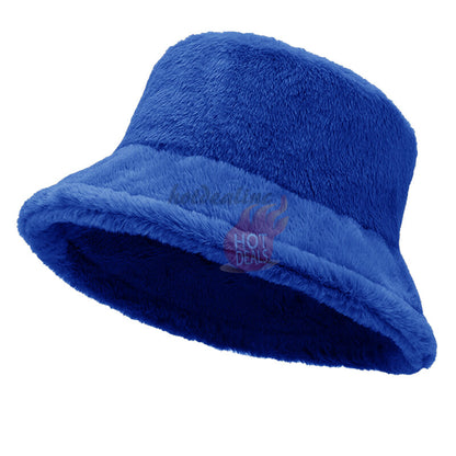 Women Winter Plush Bucket Hat Warm Solid Color Faux Fur Fisherman Cap