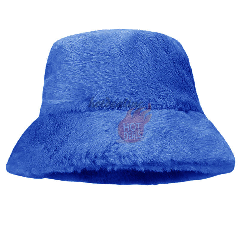 Women Winter Plush Bucket Hat Warm Solid Color Faux Fur Fisherman Cap