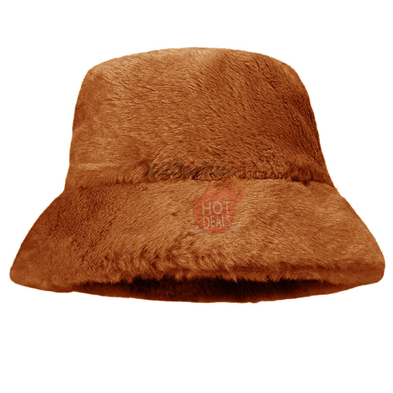 Women Winter Plush Bucket Hat Warm Solid Color Faux Fur Fisherman Cap