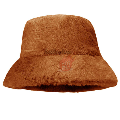 Women Winter Plush Bucket Hat Warm Solid Color Faux Fur Fisherman Cap