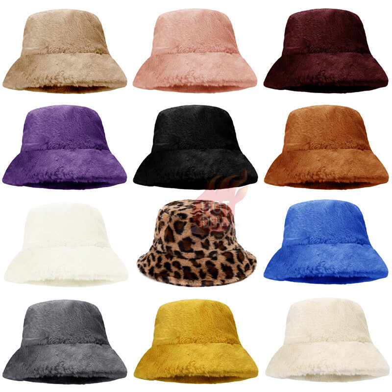 Women Winter Plush Bucket Hat Warm Solid Color Faux Fur Fisherman Cap