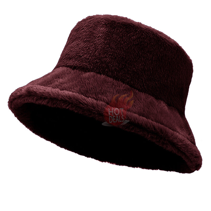 Women Winter Plush Bucket Hat Warm Solid Color Faux Fur Fisherman Cap