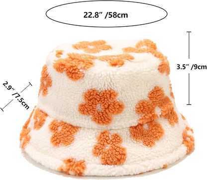 Winter Warm Plush Fuzzy Bucket Hat Faux Fur Daisy Flowers Shearling Fisherman Hats for Women