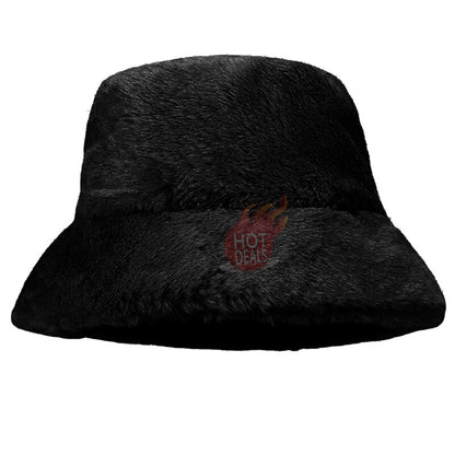 Women Winter Plush Bucket Hat Warm Solid Color Faux Fur Fisherman Cap
