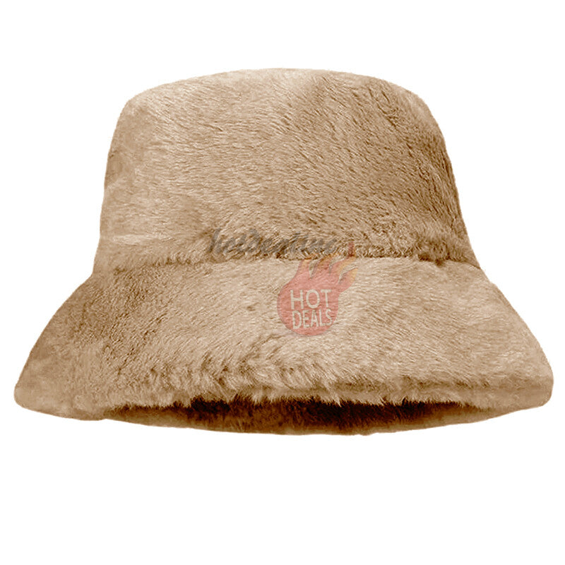 Women Winter Plush Bucket Hat Warm Solid Color Faux Fur Fisherman Cap