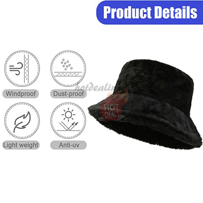 Women Winter Plush Bucket Hat Warm Solid Color Faux Fur Fisherman Cap