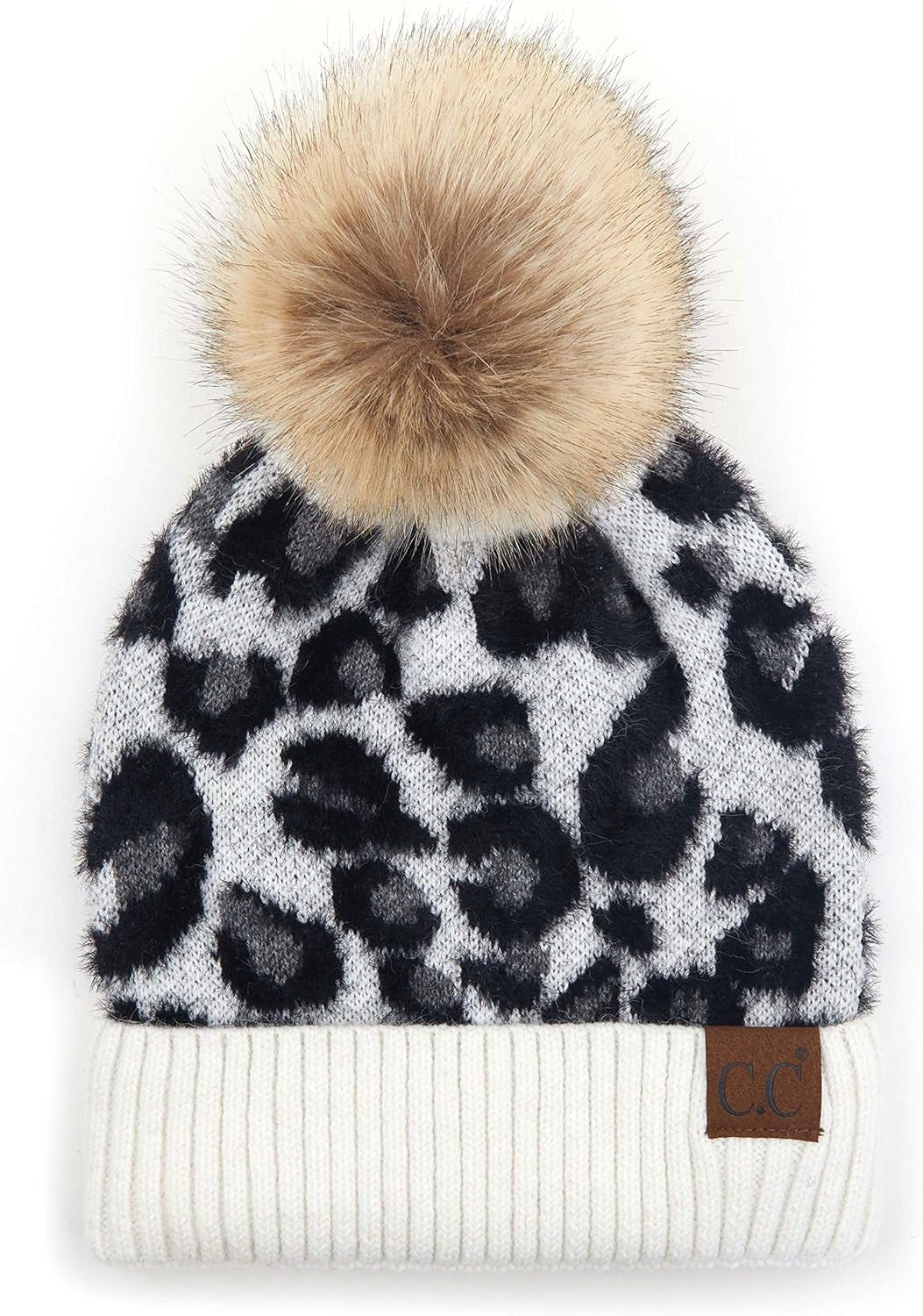 Exclusives Soft Beanie Hat with Leopard Pattern and Fur Pom(Hat-7001)(Sf-7001)