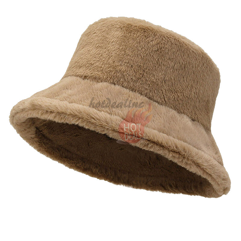 Women Winter Plush Bucket Hat Warm Solid Color Faux Fur Fisherman Cap