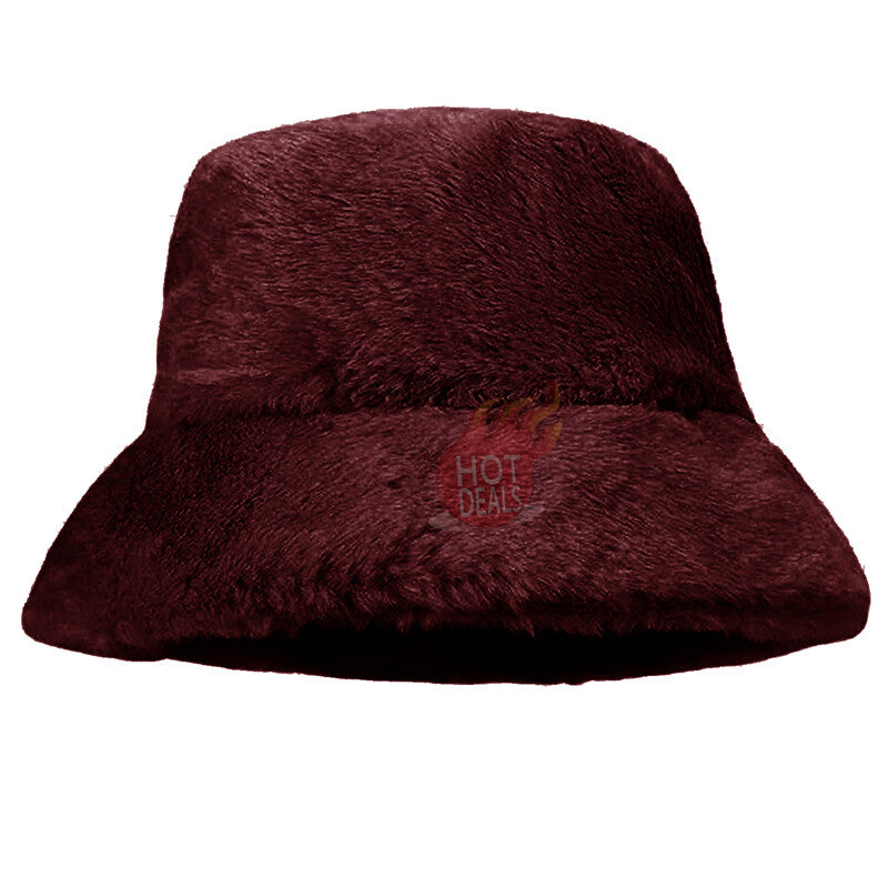 Women Winter Plush Bucket Hat Warm Solid Color Faux Fur Fisherman Cap