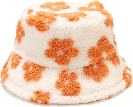 Winter Warm Plush Fuzzy Bucket Hat Faux Fur Daisy Flowers Shearling Fisherman Hats for Women