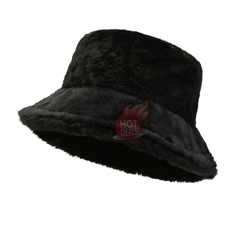 Women Winter Plush Bucket Hat Warm Solid Color Faux Fur Fisherman Cap