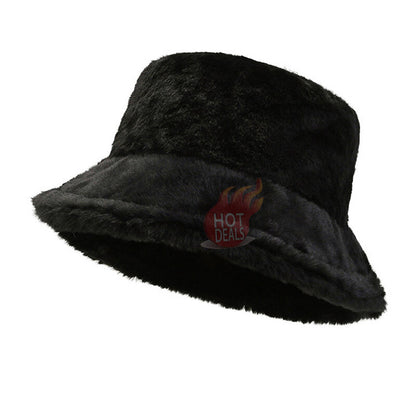 Women Winter Plush Bucket Hat Warm Solid Color Faux Fur Fisherman Cap