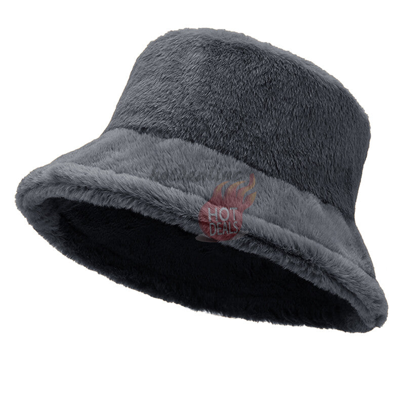 Women Winter Plush Bucket Hat Warm Solid Color Faux Fur Fisherman Cap