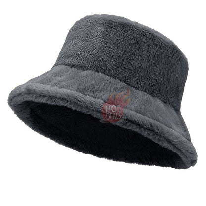 Women Winter Plush Bucket Hat Warm Solid Color Faux Fur Fisherman Cap